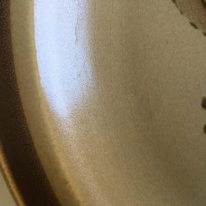 May include: A brown ceramic plate with a white floral design. The plate has a brown rim and a textured surface.
