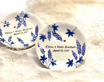 Engagement gift Wedding gift - Personalized Hand Painted Ceramic Ring Dish, ring holder, blue and white floral, state fower