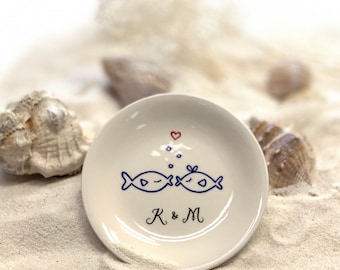 Kissing Fish Ceramic Ring Dish, Personalized Engagement Gift
