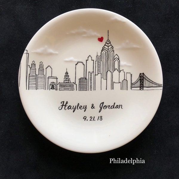 Philadelphia  city skyline, Engagement gift, ring dish, New York, Philadelphia skyline, Personalized Hand Painted Ceramic Ring Dish