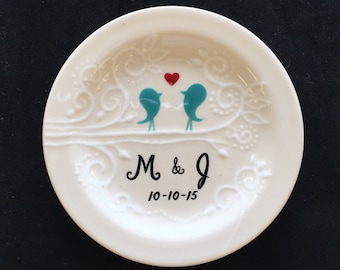 Personalized Ceramic Ring Dish, Love Birds, Engagement Gift