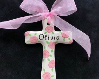 Personalized pink roses Children's Cross - Easter, Baptism, Christening, Birthday or Shower Gift