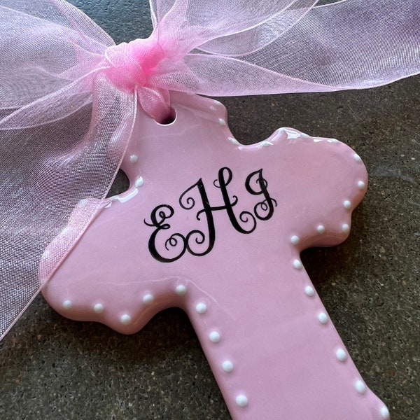 Pink Personalized Cross Ornament- Easter, Baptism, Christening or Baby Shower Gift