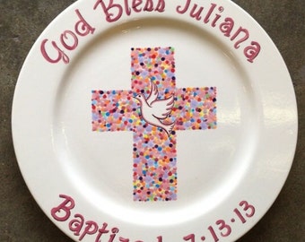 Children's Baptism Plate with cross - Special Occasion Plate, Personalized Hand Painted