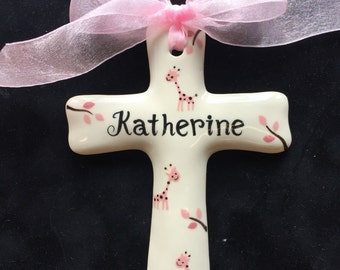 Pink giraffea or butterflies Ceramic Cross - Baptism, Christening, Christmas, Easter or Baby shower Gift, pink polka dots