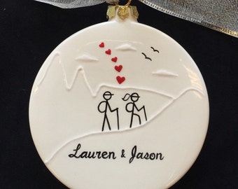 Personalized Engagement Christmas Ornament, Hand Painted Ceramic