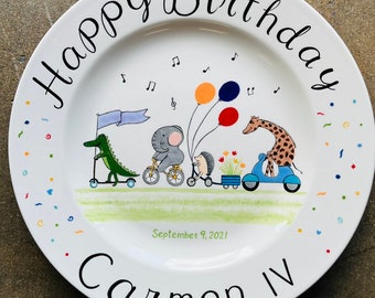Happy Birthday Plate, cute animals parade , Special Occasion Plate