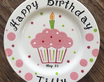 Pink cupcake Personalized Hand Painted Birthday Plate or Special Occasion Plate