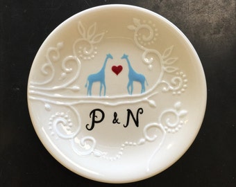 Personalized Giraffe Ceramic Ring Dish, Hand Painted Engagement Gift