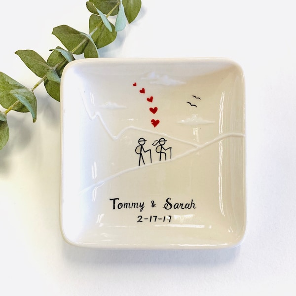 Hiking Engagement gift, Wedding gift, Valentine's day gift-Ceramic Ring Dish, hiking ring holder- Anniversary, Valentine's