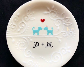 Engagement, Wedding gift - Personalized Hand Painted Ceramic Ring Dish, ring holder- Anniversary, Valentine's Day