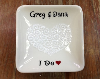 Personalized Hand Painted Ceramic Ring Dish, Embossed Heart, Engagement Gift