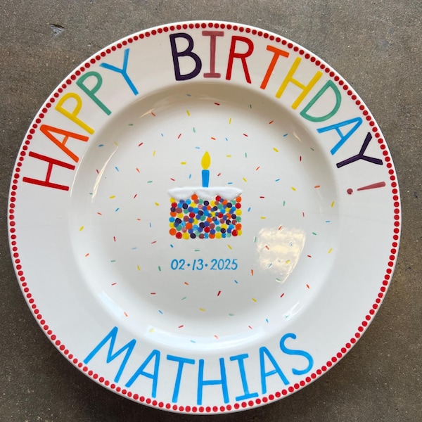 Plato para tarta de cumpleaños, plato para tarta de cumpleaños de colores, plato de cumpleaños personalizado