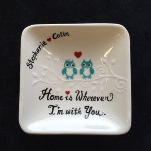 Owls Engagement, Wedding gift - Personalized Hand Painted Ceramic cute owls Ring Dish plate, ring holder- Anniversary, Valentine&#39;s Day