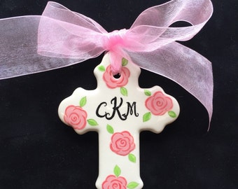 Pink roses Personalized Cross Ornament- Easter, Baptism, Christening or Baby Shower Gift