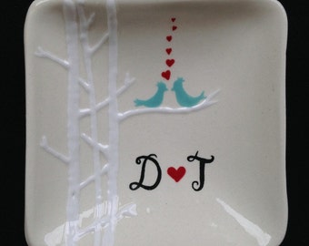 Personalized Hand Painted Ceramic Ring Dish – Love Birds Wedding Gift