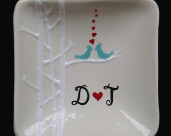 Wedding gift - Personalized Hand Painted Ceramic Ring Dish, ring holder- Engagement, Wedding, Anniversary gift