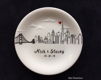 San Francisco city skyline, Engagement gift, ring dish, New York, Philadelphia skyline, Personalized Hand Painted Ceramic Ring Dish