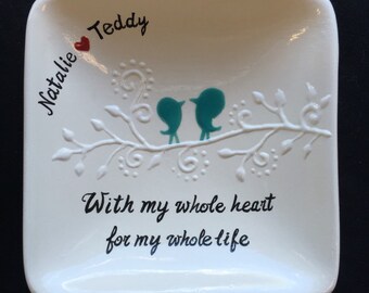 Personalized Ceramic Ring Dish, Hand Painted Birds, Engagement Gift