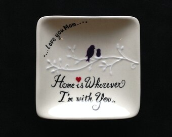 Personalized Ceramic Ring Dish, Mother & Baby Bird Design