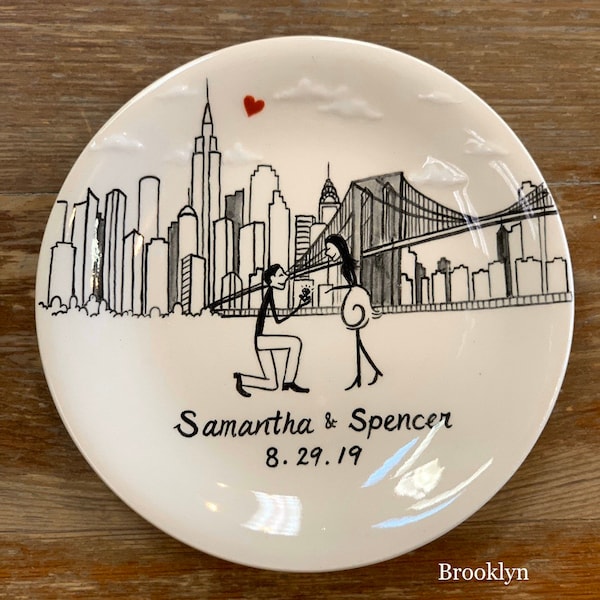 Brooklyn New York skyline, Engagement gift, ring dish, New York, Philadelphia skyline, San Francisco, Personalized Hand Painted Ceramic Ring