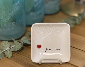 Personalized Ceramic Ring Dish, Hand Painted Tree, Engagement Gift