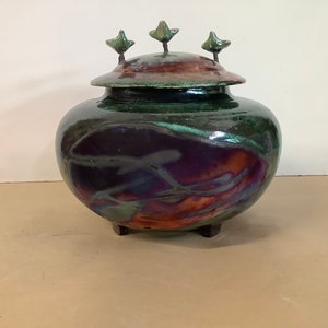 Double raku funeral urn for human ,keepsake urn for a couple, urn with birds
