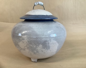 Handmade Raku Ceramic Cremation Urn, White, Gray and Blue