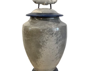 Funeral urn raku , one of a kind urn , urn with birds Raku urn, grey and white urn, funeral raku urn