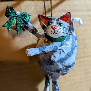Paper mache Fat Cat Ornament- Grey Tabby cat with Bell