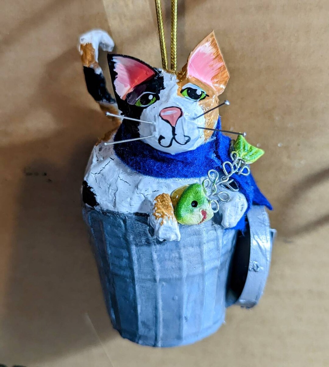 Handmade Paper Mache Cat Ornament, Adorable Calico Kitty in Trashcan Etsy