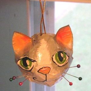 Handmade Cat Ornament, Grey and White Tiger Cat with Pin Whiskers
