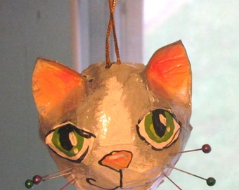 Handmade Cat Ornament, Grey and White Tiger Cat with Pin Whiskers
