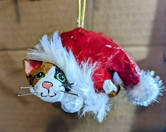 Handmade paper mache Cat Ornament, Calico kitty under Santa's hat