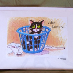Tarjetas de gatos de dibujos, arte de gatos, título: ¿Qué ropa???