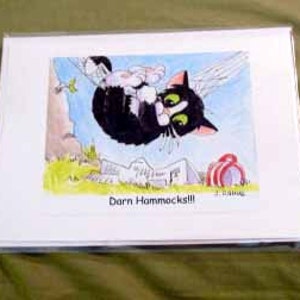 Tarjetas de felicitación para gatos, Interior en blanco, Arte para gatos, Título: Malditas hamacas