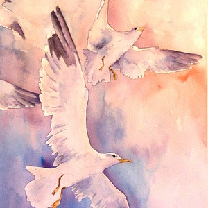 Gaivotas, arte da vida selvagem, impressão de pintura original, arte de pássaros, aquarelas, título - Joy of Flight