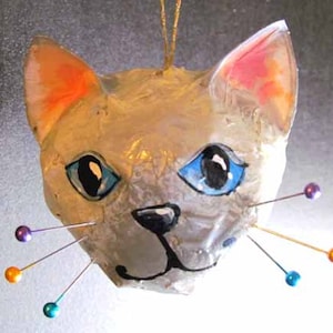 Handmade Cat Ornament, Siamese Cat with Pin Whiskers