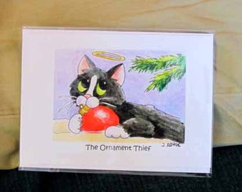 Cat Greeting Cards, Blank interior, Cat Art, Title- The Ornament Thief