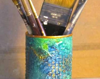 Pencil or Brush Holder, Original Mixed Media, Unique, Altered and Recycled Can