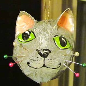 Handmade Cat Ornament, Grey Cat with Pin Whiskers