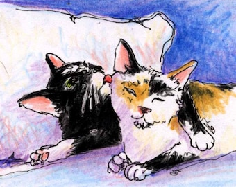 Cat art, Print of Original Drawing, Animal Art, Title- Friends