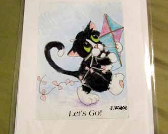 Cat Greeting Card, Blank interior, Tuxedo Cat with Kite, Title- Let's Go