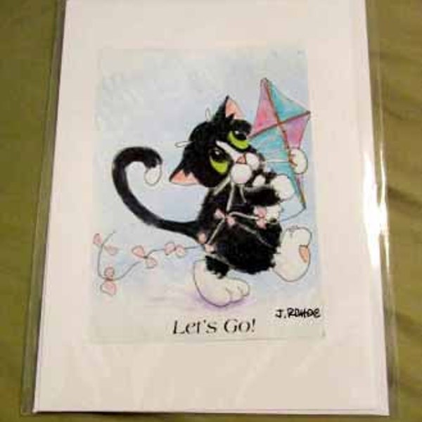 Cat Greeting Card, Blank interior, Tuxedo Cat with Kite, Title- Let's Go