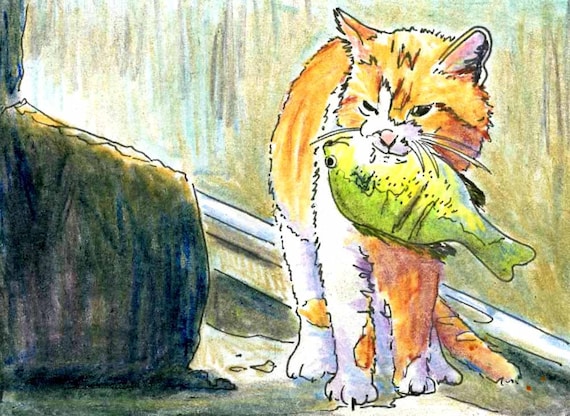 Cat Art, Print of Original Drawing, Animal Art, Title- the Fishing