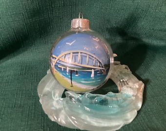 Blue Water Bridge glass bulb ornament hand painted.  Border crossing between Michigan and Canada. 2 sizes available.