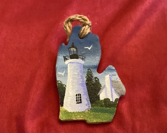 Old Presque Isle Lighthouse ornament on a Michigan shape made of pottery hand painted with acrylic.