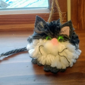 Dark Grey and White Puff Kitty Ornament with green eyes