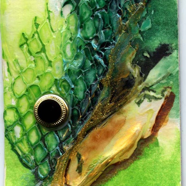 Original ACEO, Mixed Media Abstract- Yellows and  Greens Title: Snakeskin 6