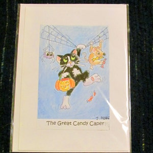 Katzen Grußkarte, Halloween, Katze und Maus entkommen mit Candy Titel: The Great Candy Caper